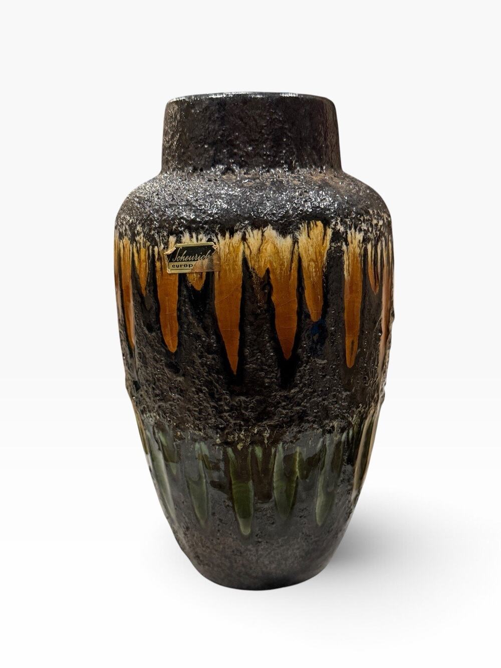 West German Scheurich 549-21 Lora Fat Lava Vase Black, Golden Brown Green Glaze